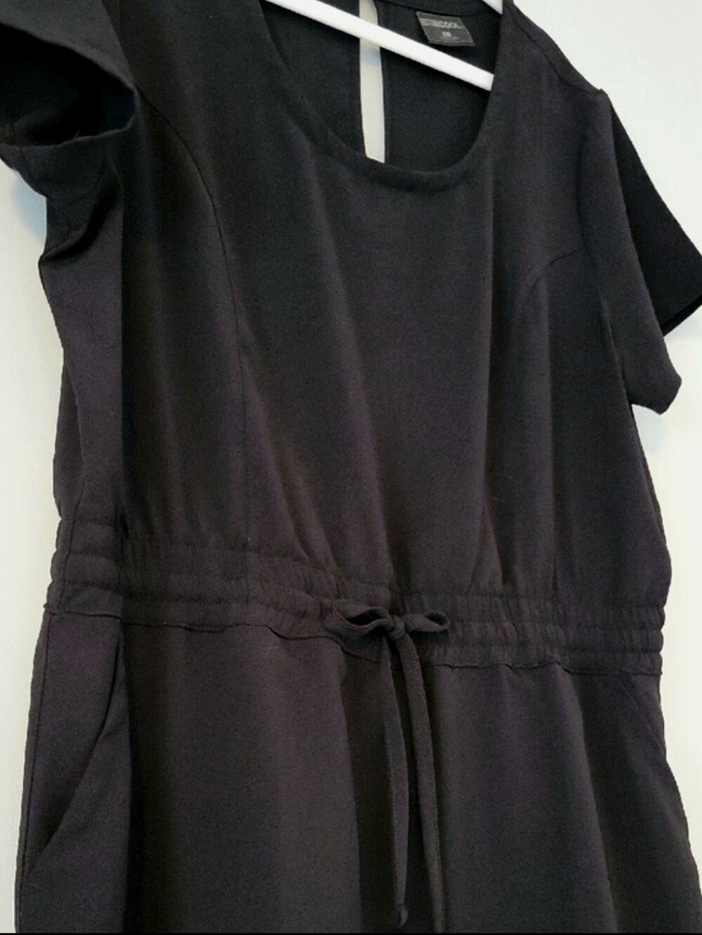Black Short-Sleeve Dress with Pockets & Drawstring Waist